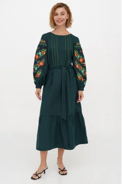 Embroidered dress "Fun" in dark emerald color