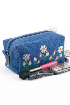 Embroidered cosmetic bag "Field chamomile" in blue denim