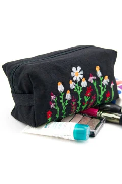 Embroidered cosmetic bag "Field chamomile" in black