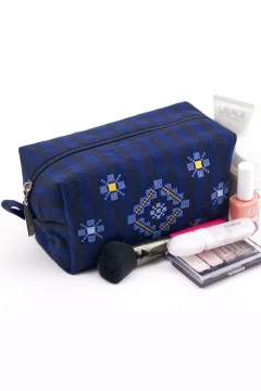 Embroidered cosmetic bag "Ornament" in blue with a dark stripe