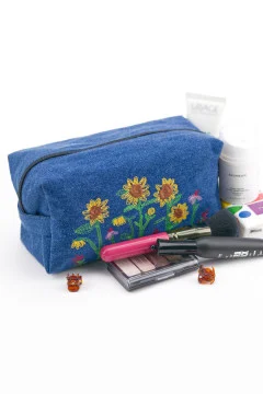 Embroidered cosmetic bag "Sunflowers" in blue denim