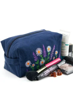 Embroidered cosmetic bag "Wildflowers" in dark blue